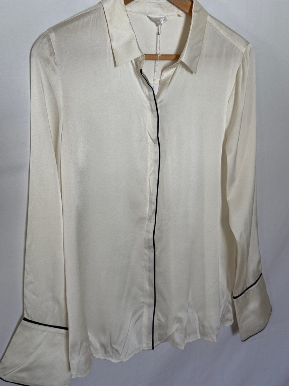 Ecru - Ivory Silk Blouse with Black Piping